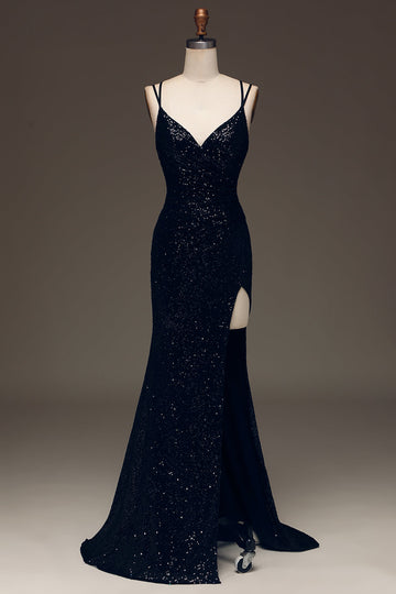 Black Sparkly Sequin Mermaid Long Ball Dress With Slit